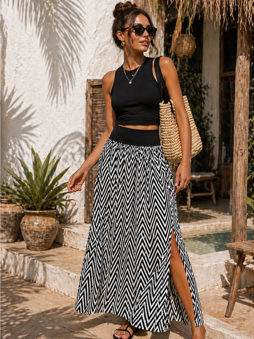 Xhilaration Black White Chevron Maxi Skirt‎ Side Slit Resort Vacation Flowing